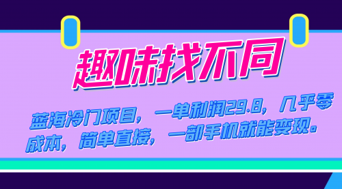 【副业项目7745期】蓝海冷门项目，趣味找不同，一单利润29.8，几乎零成本，一部手机就能变现-晴沐网创  