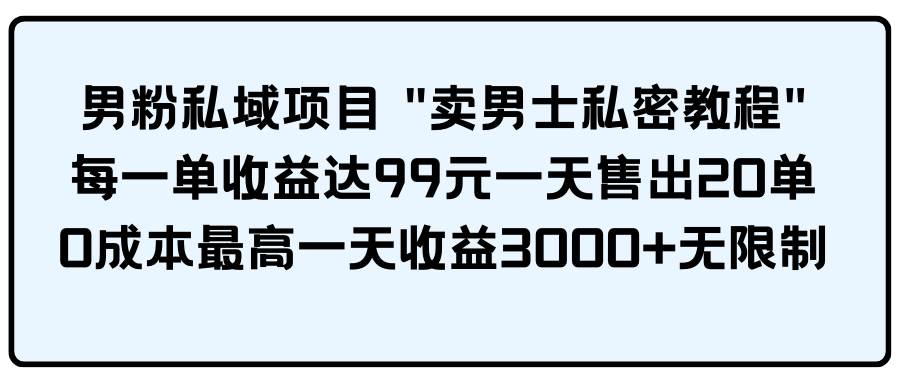 男粉私域项目 卖男士私密教程 每一单收益达99元一天售出20单-晴沐网创  