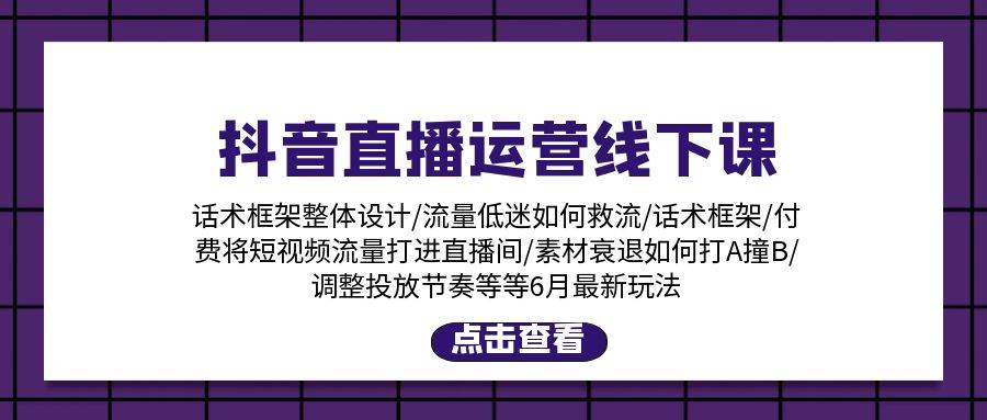 抖音直播运营线下课：话术框架/付费流量直播间/素材A撞B/等6月新玩法-晴沐网创  